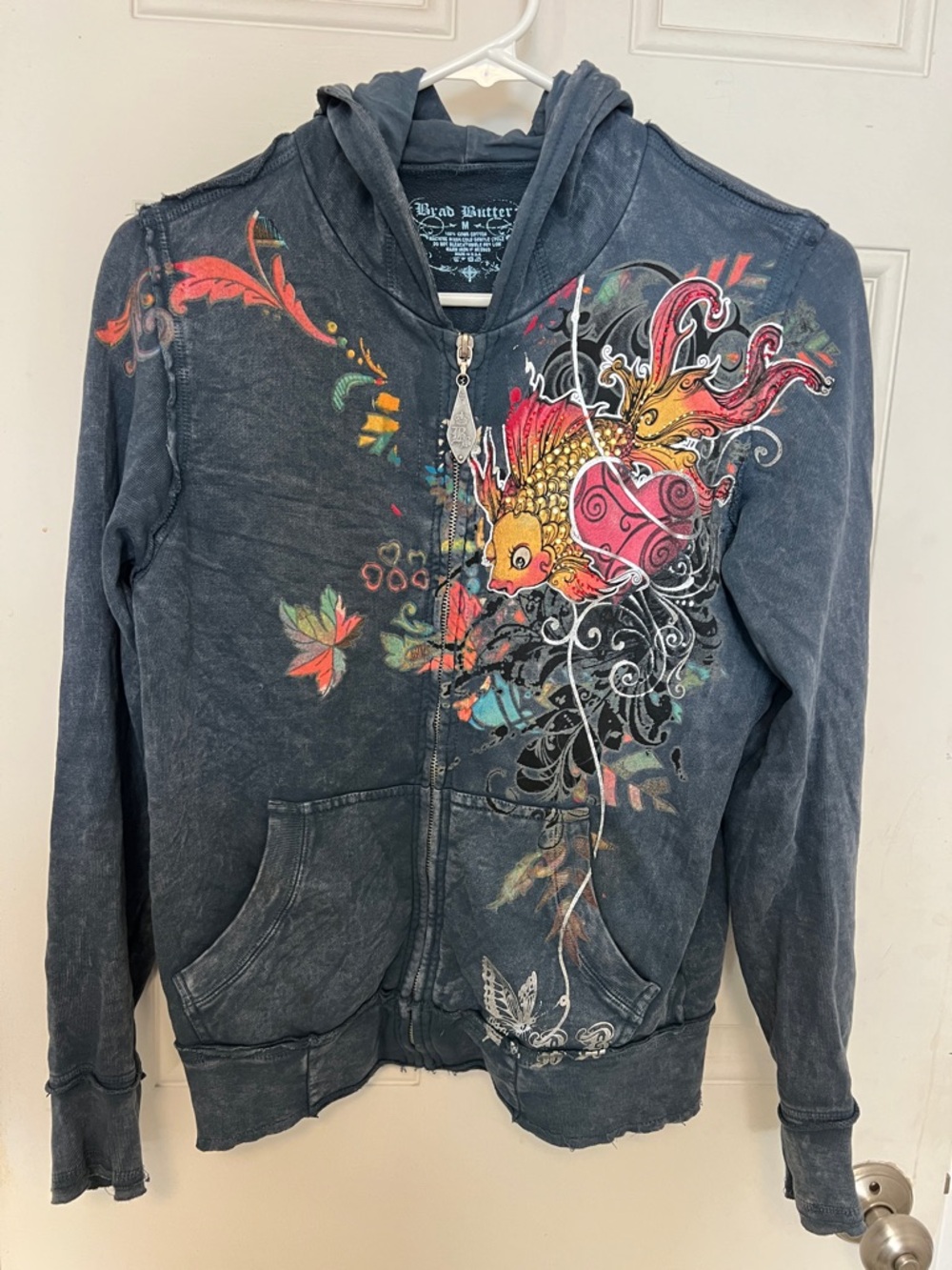 Brad Butter Blue Zip Hoodie with Multicolor Koi & Floral Artwork